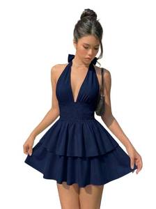 lot 514 image: SISKIN Halter Mini Dress for Women Short Formal A Line Flowy Deep V Neck Classy Mini Picnic Dress Navy Blue XS - Retail $42