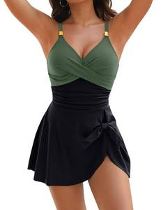 lot 526 image: Blooming Jelly Womens One Piece Swimsuit Tummy Control Bathing Suit Modest Long Torso 2026 Swim Dress (M, Black Green) - Retail $39