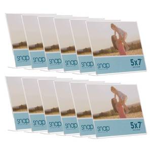 lot 527 image: Snap 7x5 Clear Picture Frame 12 Pack Frameless L-Shape Desktop Stand, Photo Frame and Sign Holder, Clear Acrylic Style Tabletop Display, 7 x 5 - Retail $8