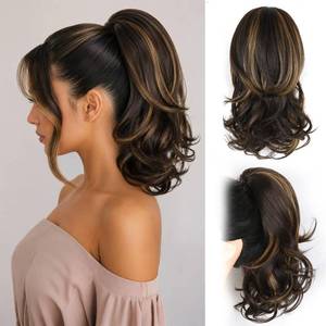 lot 541 image: Clip on Ponytails for Women - 14 Inch Curly Ponytail Extension, Wavy Pony Tails Hair Extensions, Synthetic Hair Extensions Ponytail, Clip in Ponytail (Color Dark Brown with Honey Blonde Highlights) - Retail $18