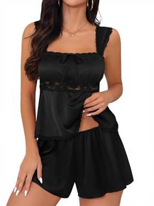 lot 571 image: Kolagri Womens Sexy Satin Pajamas Set Lace Floral Patchwork Lingerie Bow Ties Slip Sleepwear Cami Top and Shorts Nightwear Black XL - Retail $15