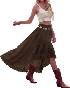lot 572 image: Cutecrop Women Asymmetrical Lace Ruffle Skirt Western Boho Skirt Elastic Waist Flowy Layered High Low Cowgirl Country Dress(Brown,M) - Retail $41