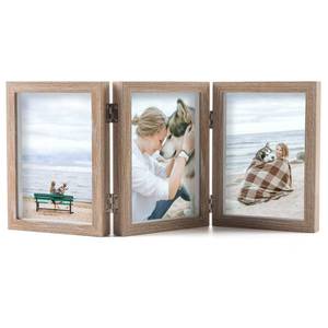 lot 591 image: AEVETE Triple 5x7 Picture Frames Hinged Wood 3 Opening Frame Vertically Display with Glass Front - Retail $16