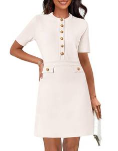 lot 597 image: MEROKEETY Womens Knit Bodycon Sweater Dress Button Short Sleeve Crew Neck Elegant Formal Mini Dress, Ivory, Small - Retail $40