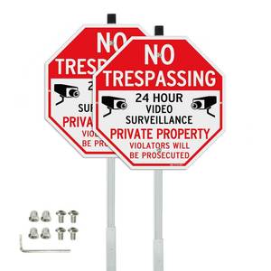 lot 616 image: T&R Large No Trespassing Private Property Sign Video Surveillance Sign with 36 Stake for Outside - 2 Pack - 12x12 .040 Rust Free Heavy Aluminum, Reflective, Waterproof, Weatherproof and Fade - Retail $19