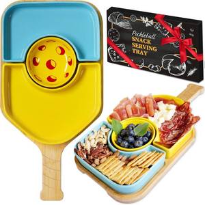 lot 620 image: Missing Small Bowel Pickleball Charcuterie Board Set with Ceramic Paddle Snack Trays - Retail $38
