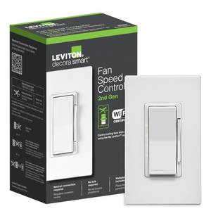 lot 641 image: Leviton Decora Smart Fan Speed Controller, Wi-Fi 2nd Gen, Neutral Wire Required, Works with My Leviton, Alexa, Google Assistant, Apple HomeSiri & Wired or Wire-Free 3-Way, D24SF-1RW, White - Retail $43