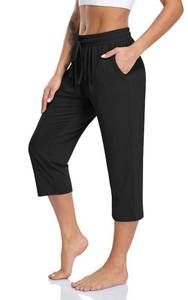 lot 656 image: TARSE Womens Capris Plus Size Lightweight Summer Capri Crop Pants Ladies High Waisted Sweatpants Pockets (Black,2XL) - Retail $20