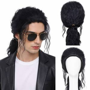 lot 658 image: Tembol Mens Long Black Curly Wig, 70s 80s Rock Retro Men Cosplay Wigs Curly Ponytail Synthetic Wigs for Party Halloween Cosplay Costume - Retail $24