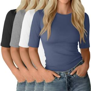 lot 668 image: Neer 4 Pack Womens Half Sleeve Tops Elbow Length Slim Fit Crewneck T-Shirts 12 Sleeve Casual Summer Basic Tees(Haze Blue, White, Light Gray, Black,Large) - Retail $43