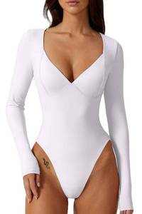lot 694 image: QINSEN White Long Sleeve Bodysuit for Women V Neck Seam Cup Body Suits Double Lined Stretch Shirts Tops White L - Retail $33