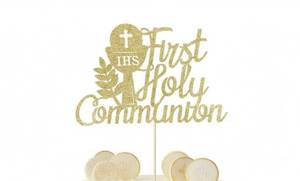 lot 697 image: Sleyberoy First Holy Communion Cake Topper-Suitable for Ramadan, Baptism, Religious Baptism,Baby Shower, Childrens Birthday, God Bless, Communion Party, Wedding, Photo Studio Photo Props (Left) - Retail $7