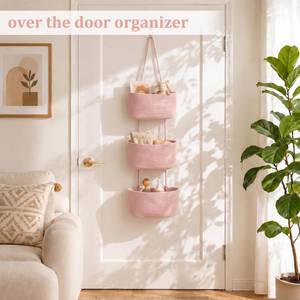 lot 701 image: TeoKJ Over the Door Hanging Basket, 3-Tier Woven Cotton Wall-Mounted Storage Organizer Bag Decorative Hanging Nursery Baskets, Pink - Retail $31