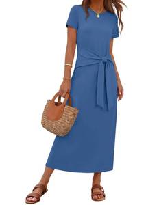 lot 711 image: MEROKEETY Womens Summer Maxi Dresses 2026 Casual Spring Short Sleeve Tie Waist Work Beach Vacation T Shirt Long Dress, Darkblue, X-Large - Retail $40