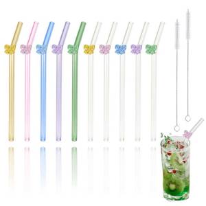 lot 712 image: HILOLOA Ribbon Reusable Glass Straws with Charms, Cute Bow Shaped Charm Glass Straw with Cleaning Brush for Coffee, Smoothies, Milkshake, Frozen Drinks, Tea, Juice,Aesthetic Gift - Retail $10