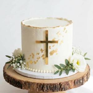 lot 716 image: 10 PCS Cross Baptism Cake Topper 3.94x5.91 Gold Acrylic First Communion Cake Decorations for Mi Bautizo Christian Celebration - Retail $8