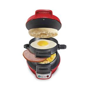 lot 717 image: Hamilton Beach Breakfast Sandwich Maker with Egg Cooker Ring, Customize Ingredients, Perfect for English Muffins, Croissants, Mini Waffles, Perfect White Elephant Gifts, Red (25476) - Retail $30