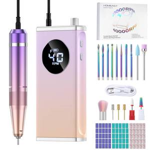 lot 719 image: HOMEASY Electric Nail Drill, 40000RPM Professional E-Filer Rechargeable with 15 Drill Bits, Portable Nail File Electric Nail Filer for Acrylic Nails Gel Polishing Removing for Salon Home (Purple) - Retail $36