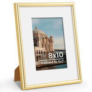 lot 753 image: FLYJOE 8x10 Picture Frame, Display Pictures 5x7 with Mat or 8x10 Without Mat, Wall and Tabletop Display Photo Frame, Gold, 1 Pack - Retail $7