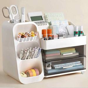 lot 796 image: HBlife Desk Organizer with Pen Pencil Holder for Desk, Pen Organizer with 2 Drawers, Desk Organizers and Accessories with 4 Compartments, Desktop Storage for Office Home School Art Supplies, White - Retail $30