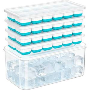 lot 812 image: NFK Ice Cube Tray with Lid & Bin - 4 Pack 48 Cubes Stackable Silicone Trays for Freezer with Storage Container, Leak-Proof Lids, BPA-Free, Easy Release for Kitchen, RV, Party, Cocktail & Coffee - Retail $10