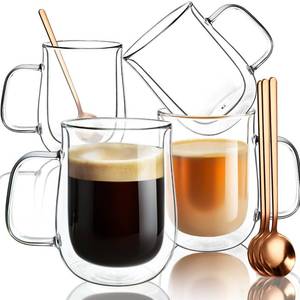 lot 821 image: ONE MUG CRACKED COMOME Double Walled Glass Coffee Mugs 16 OZ, Borosilicate Glass Coffee Cups Set of 4 with Spoons, Insulated Clear Coffee Mug for Hot Beverages, Cappuccino, Latte, Tea Bag. - Retail $32