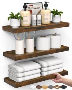 lot 829 image: BAYKA Bathroom Floating Shelves for Wall Set of 3 - Rustic Brown Farmhouse Wood Shelves Over Toilet for Bedroom, Kitchen, or Living Room Decor Display, Storage for Plants, Toilet Paper or Bath Towels - Retail $27