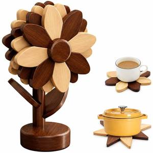 lot 830 image: Cycayit Sunflower Trivets for Hot Dishes, 5Pc Wooden Tree Trivet Stand Set - Retail $25