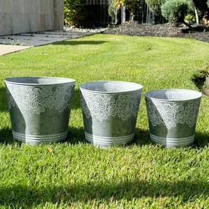 lot 831 image: allgala Galvanized Planter Pot Indoor and Outdoor Decoration-Round Grey-3-PC-HD88314 - Retail $41