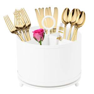 lot 832 image: DAMAGE AS IS NelyBet 360°Rotating Silverware Caddy,4 Compartment Utensil Holder Countertop,Outdoor Silverware Organizer for Picnic Camping Party Metal Cutlery Caddy with Handle -White - Retail $22