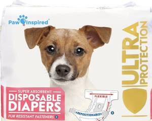 lot 834 image: Paw Inspired 32ct Disposable Dog Diapers  Female Dog Diapers Ultra Protection  Diapers for Dogs in Heat, Excitable Urination, or Incontinence (Small) - Retail $18
