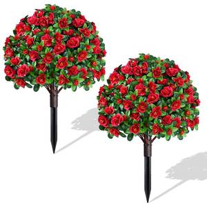 lot 837 image: Waipfaru 2 Pack Artificial Flowers Topiary Ball Trees for Outdoors, 24 Fake Bushes Plants, UV Resistant Faux Shrubs with Ground Spike for Front Porch Planters Patio Garden Yard Decor(Red) - Retail $50