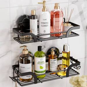 lot 850 image: LEVERLOC Shower Caddy Suction Cup, 2 Pack Shower Shelves for Inside, Black Rustproof Metal Bathroom Storage NO-Drilling Bathroom Organizer with Large Capacity, Heavy Duty Storage Basket - Retail $32
