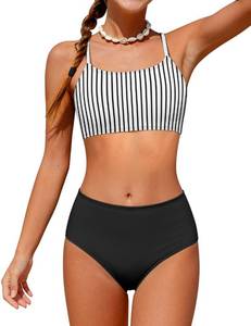 lot 851 image: Boiltcat Teen Girls Swimsuits Size 14-16 Black White Striped Girls 3 Piece Swimsuit Adjustable Spaghetti Straps Teen Girl Bikini with High Waisted Cover Up - Retail $30