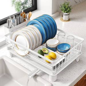 lot 857 image: SNTD Dish Drying Rack - Small Dish Rack for Kitchen Counter, Stainless Steel Dish Drainer with Utensil Holder and Drainboard, 11 W x 15 L (White) - Retail $23