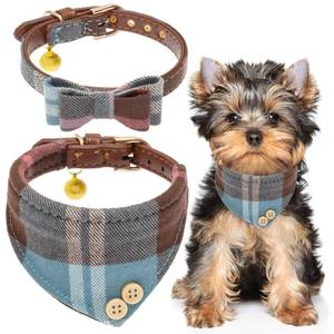 lot 858 image: EXPAWLORER Dog Collar Bandana Set - Classic Plaid Dog Bow Tie and Bandana Collar with PU Leather, Adjustable Collars for Small Medium Large Dogs Cats, Holiday Ideal Gift, Blue S - Retail $10