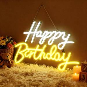lot 874 image: Damage As Is Neoflarea Happy Birthday Neon Sign, Neon Sign for Wall Decor, USB Powered Dimmable Neon Light, LED Happy Birthday Light Up Sign for Party, Perfect for Backdrop Birthday Party Decoration, White and Yellow - Retail $8,725