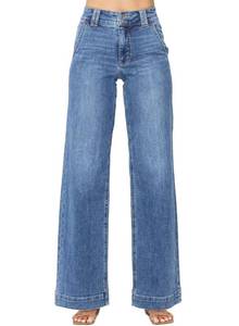lot 878 image: Astylish Women Pants Wide Leg Jeans Woman Tummy High Waist Double Button Bootcut Trousers Stretchy Vintage Denim Jean Pants with Slanted Pockets Size 4 Sky Blue - Retail $28