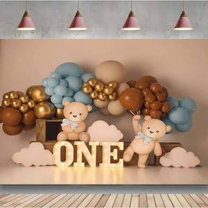 lot 903 image: One Year Old Birthday Backdrop Toys Bear Golden Balloons Children Portrait Photography Background Kids Baby Shower Cake Smash Banner Balloon Newborn Baby Boy First Birthday Party Background (8X6FT) - Retail $25
