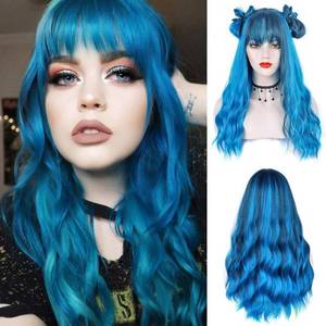 lot 905 image: ENTRANCED STYLES Blue Wig with Bangs Long Wavy Blue Wig with Air Bangs Synthetic Wigs for Women Curly Wigs for Daily Party Cosplay (24 inch) - Retail $26