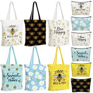 lot 914 image: Yaomiao 6 Sets Bee Themed Tote and Cosmetic Bags Set for Women Funny Honeybee Canvas Reusable Grocery Bag with Zipper Holiday Birthday Thank You Gifts for Bee Lovers Teachers Employee - Retail $29