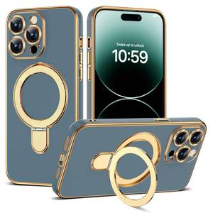 lot 933 image: ETPESOK Compatible with iPhone 14 Pro Case with Magnetic Ring Stand Compatible with Mag-Safe Full Camera Lens Protector Plating Phone Case for iPhone 14 Pro 6.1, Grey Blue - Retail $25