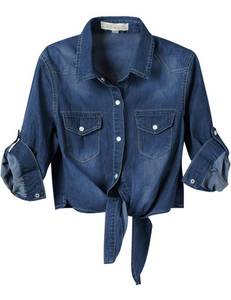 lot 946 image: Omoone Womens 34 Sleeve Modern Denim Crop Top Tie Knot Shirt Chambray Cardigan (Dark Blue, XXL) - Retail $30