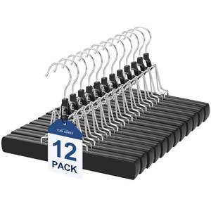 lot 948 image: TOPIA HANGER 12 Pack Wooden Pants Hangers, Hair Extension Hangers Non Slip Skirt Hanger Wood Clamp with Velvet Padded 360° Swivel Hook for Jeans, Skirts, Trousers, Wigs CT67B - Retail $21