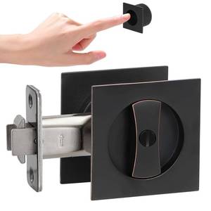 lot 964 image: POFEIKTS Oil Rubbed Bronze Pocket Door Hardware with Privacy Lock & Latch - Contemporary Style for Square Pocket Doors(1 Pack) - Retail $35
