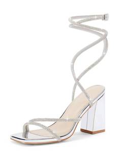 lot 984 image: Coutgo Womens Lace Up Chunky Heels Rhinestone Sandals Square Open Toe High Block Heeled Wedding Dress Shoes, Silver, Size 9 - Retail $40