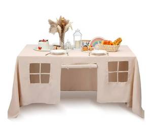 lot 986 image: 10ft x 7.5ft Large Tablecloth Playhouse for Kid Table Fort Cover Table Cloth Tent Playhouse for Dining Room Birthday Indoor Outdoor Party Playground (Beige Color, Classic Style) - Retail $0