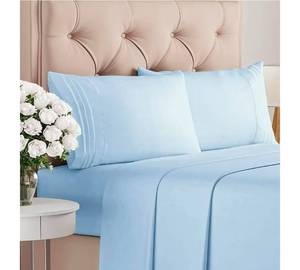 lot 988 image: Queen Size 4 Piece Sheet Set - Comfy Breathable & Cooling Sheets - Hotel Luxury Bed Sheets for Women & Men - Deep Pockets, Easy-Fit, Soft and Wrinkle Free Sheets - Light Blue Oeko-Tex Bed Sheet Set - Retail $0