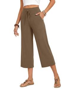 lot 995 image: ZOOSIXX Capri Pants for Women - Wide Leg Loose Casual Trousers with Pockets Summer High Waisted Drawstring Pants Mocha XL - Retail $18,358
