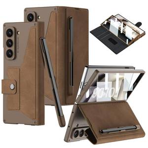lot 1001 image: DEMCERT for Samsung Galaxy Z Fold 6 Case with S-Pen Slot, Military Armor Cases Full Body Protective, Removable Pen Slot, Anti-Scratch Hard Slim Leather Bracket Case with Screen Protector (Brown) - Retail $31